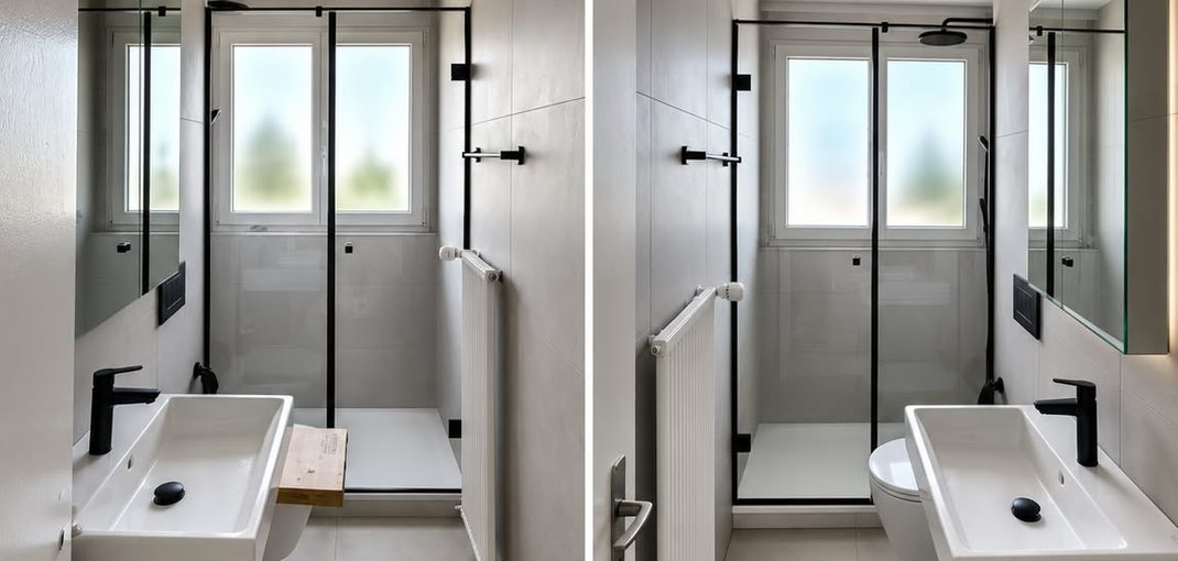 Schmales Badezimmer mit Glasdusche nach Mass und schwarzen Beschlägen, vorher und nachher