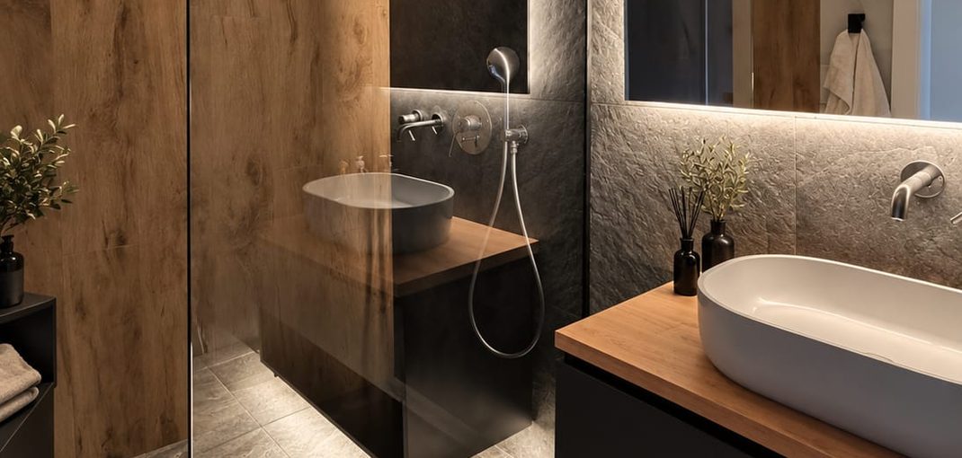 Walk-in-Dusche mit Glaswand in einem Bad mit Holz- und Steinwänden